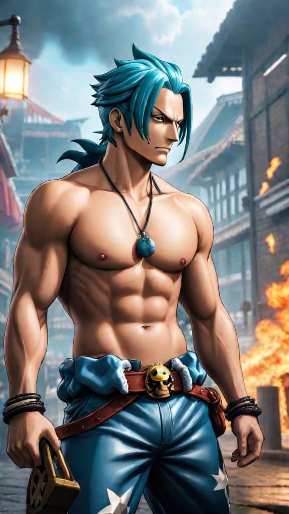  an anime art of franky from one piece burning the pluton blueprints to protect the world. hyperrealistic, full body, detailed clothing, highly detailed, cinematic lighting, stunningly beautiful, intricate, sharp focus, f/1. 8, 85mm, (centered image composition), (professionally color graded), ((bright soft diffused light)), volumetric fog, trending on instagram, trending on tumblr, HDR 4K, 8K