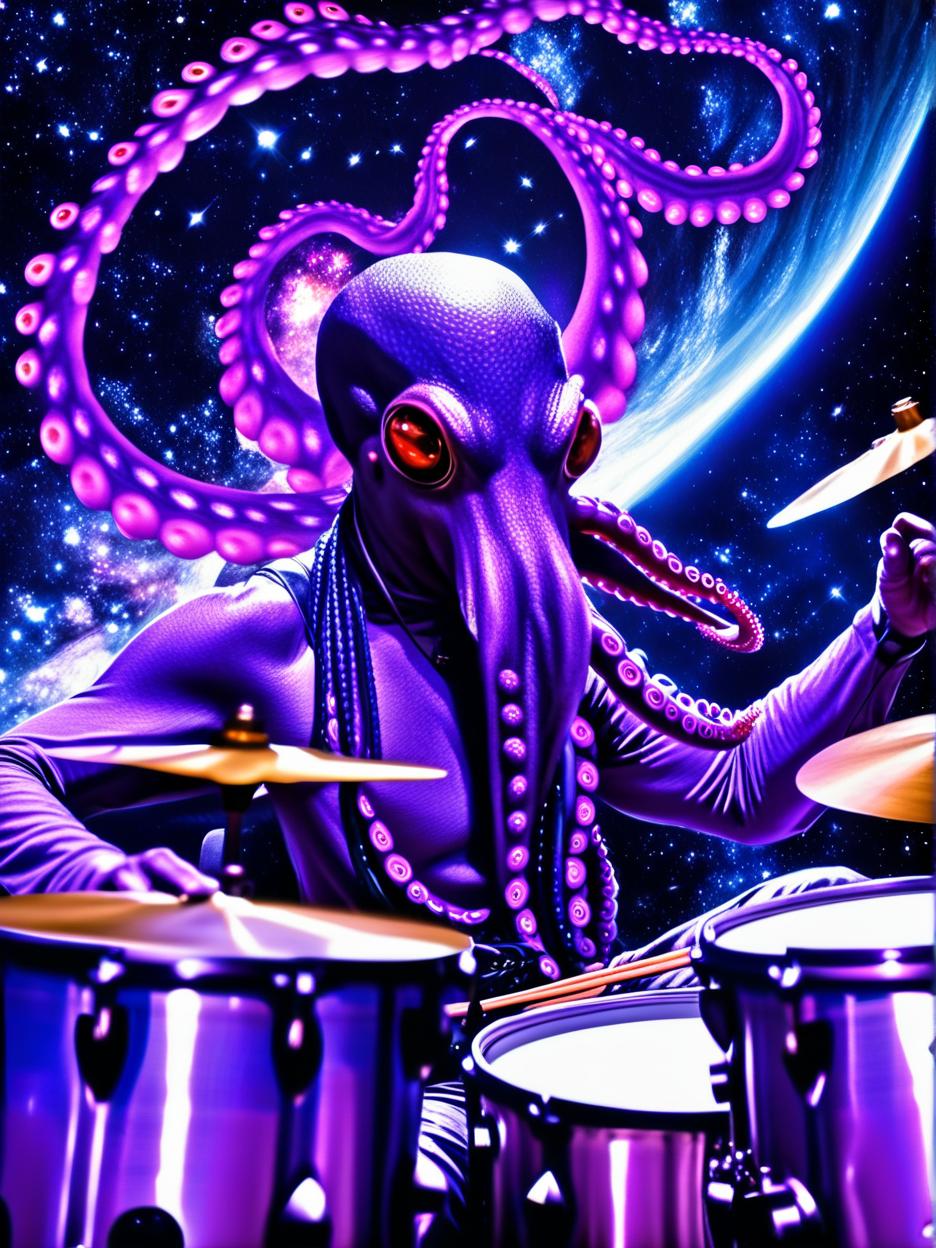  best quality, hd, trippy purple octopus playing drums in space tool