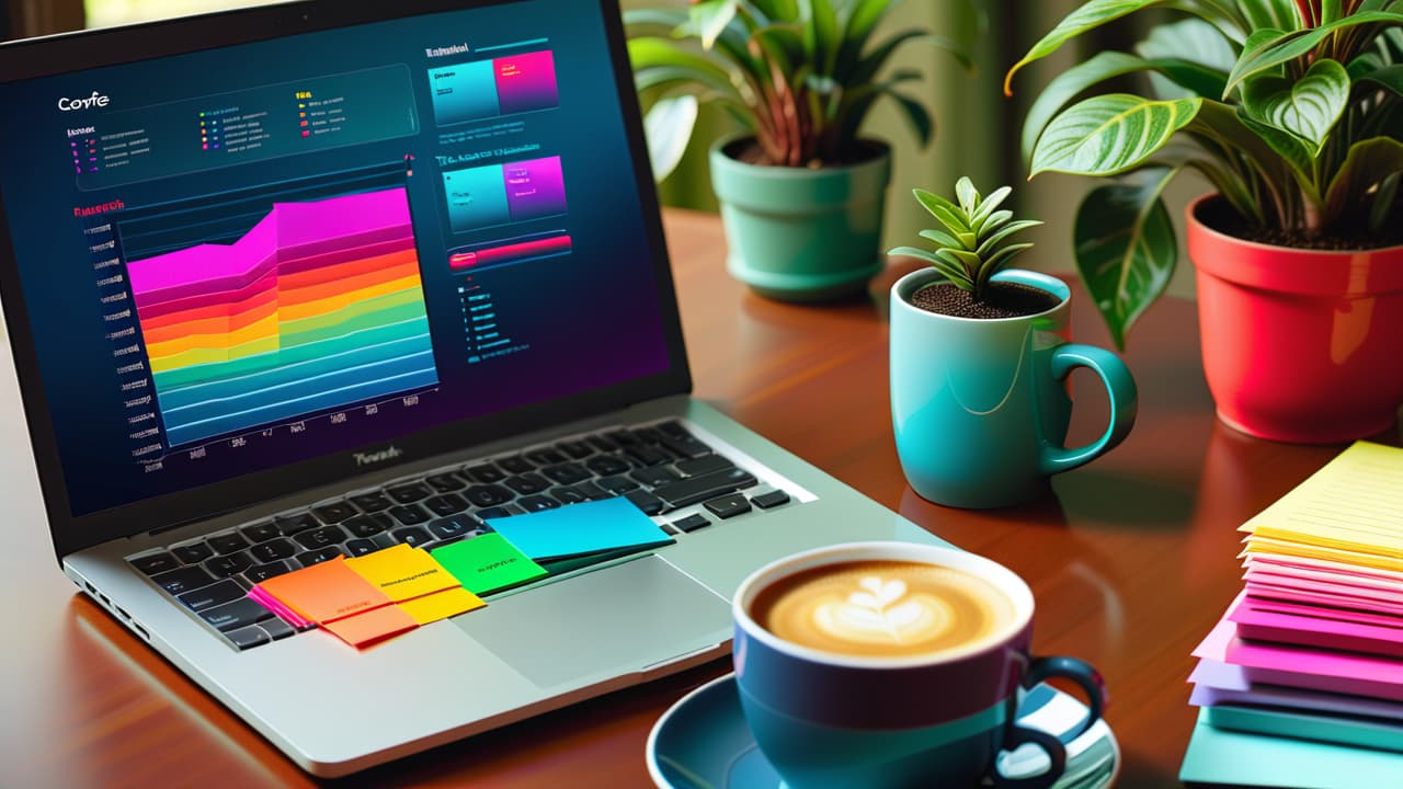  an organized desk with a laptop displaying financial graphs, a calculator, colorful charts, and sticky notes. a serene backdrop of a plant and a coffee cup, symbolizing balance and clarity in personal finance management. hyperrealistic, full body, detailed clothing, highly detailed, cinematic lighting, stunningly beautiful, intricate, sharp focus, f/1. 8, 85mm, (centered image composition), (professionally color graded), ((bright soft diffused light)), volumetric fog, trending on instagram, trending on tumblr, HDR 4K, 8K