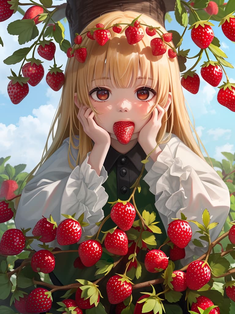  a tree with many wild strawberries growing,a side of a wild strawberry tree,a child eating a wild strawberry ((picking a wild strawberry with both hands,bringing a wild strawberry grain to his mouth,eating a wild strawberry grain)),high resolution,absurdity,adoption,close up,