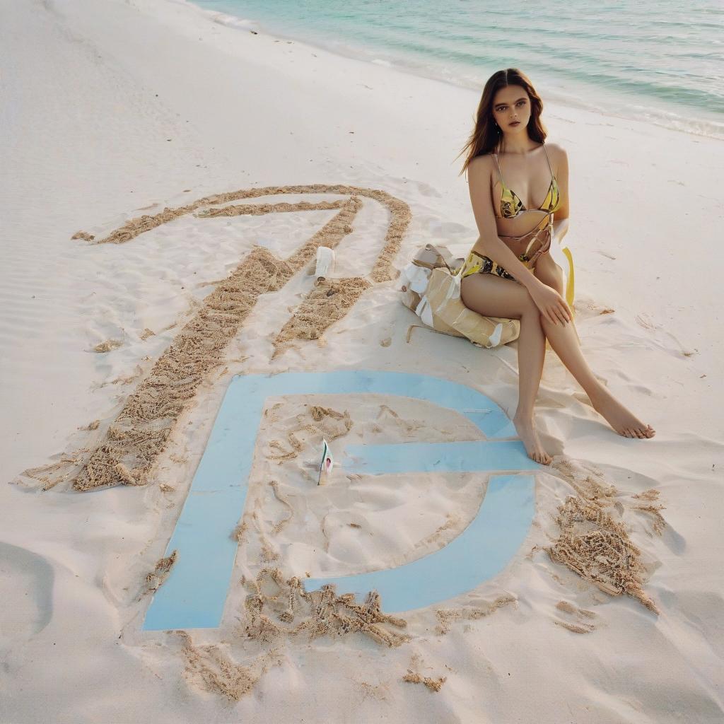  beautiful with light makeup in a from versace on the beach on the maldives shows the letter, film photography style