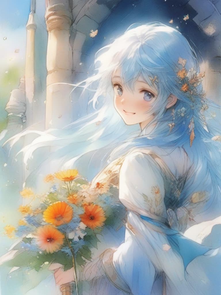  a masterpiece! beautiful girl,delicate light blue hair color,swaying hair,(((shining eyes like jewels))),smiling face,(((many light particles))),(((blooming colorful flowers))),(((big sword))),(((fantasy clothes))),fantasy,wonder,high quality,16k