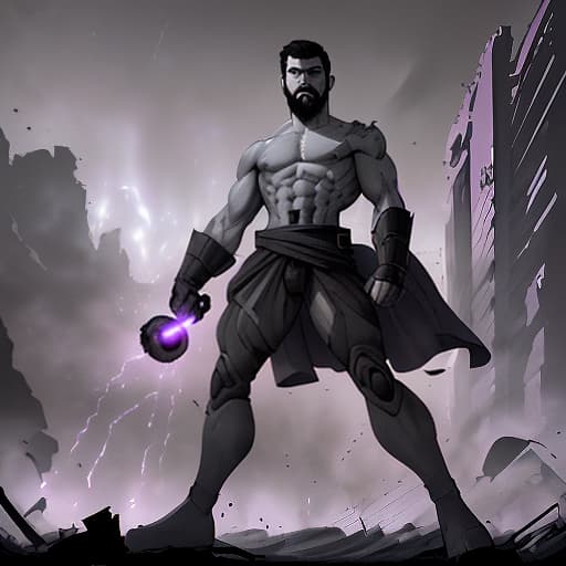  the protector of the universe is a young man of lean build, with a small beard and a short haircut. the left eyeball is purple. the right eyeball is red. standing against the backdrop of a destroyed planet. possesses a powerful force of destruction., ((((cinematic look)))), soothing tones, insane details, hyperdetailed, low contrast, soft cinematic light, dim colors, exposure blend, hdr, faded, slate grey atmosphere