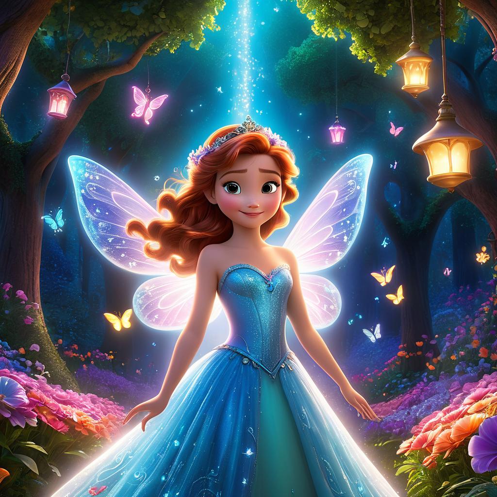  in 3d animated movie style. disney pixar style. addison the addition fairy, timeless, bright, wise, wearing a shimmering dress adorned with numbers and symbols. enchanted forest glade, vibrant flowers blooming around her, evoking a whimsical feel. high resolution pixar 3d animation style captures the magical essence. soft, bright lights filter through the canopy, casting a warm glow. low angle shot centers on addison amid the trees, highlighting her magical aura. aspect ratio 16:9.