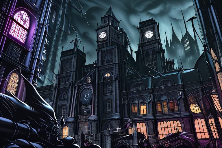  Generate a detailed road play mat of Gotham City, featuring: - Arkham Asylum - Gotham City Jail - Gotham City Bank - Wayne Manor - Wayne Enterprises headquarters - Gotham City Museum - Gotham City Police Station - Ace Chemicals plant - Iceberg Lounge (villains' nightclub) - Gotham General Hospital - Batcave (hidden entrance) Include roads, highways, and alleys connecting these locations. Add Gotham City's dark and gritty atmosphere, with gothic architecture and neon lights. Incorporate iconic landmarks like the Gotham City Clock Tower and the Bat-Signal shining bright in the night sky. Style: Dark, gritty, and gothic, inspired by the Batman franchise. Dimensions: A large, foldable road play mat, ideal for tabletop games and creative pla