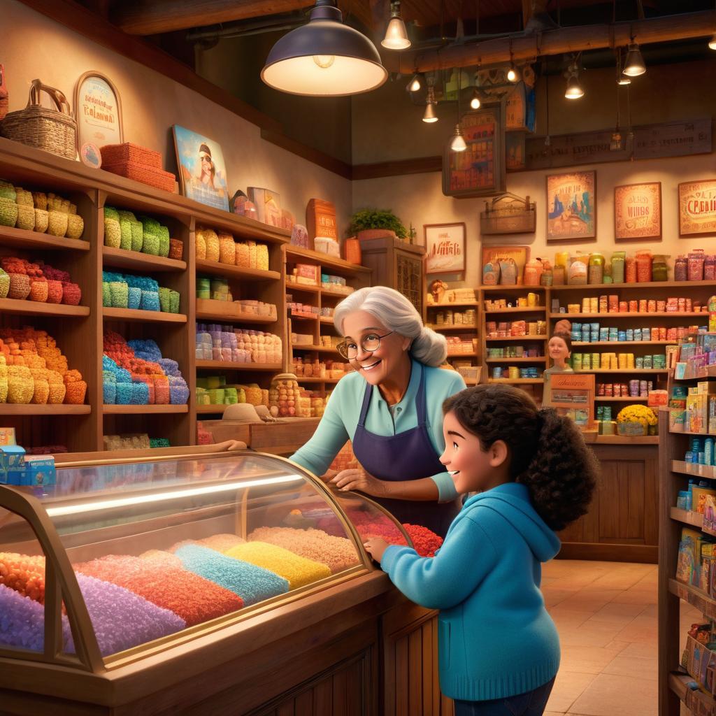  in 3d animated movie style. disney pixar style. fatima, 7, with her grandmother and store employee in cozy store. store bustling with colorful products and customers. high res pixar 3d. cheerful, warm colors. elevated angle on fatima’s grateful expression, bonding moment emphasized.