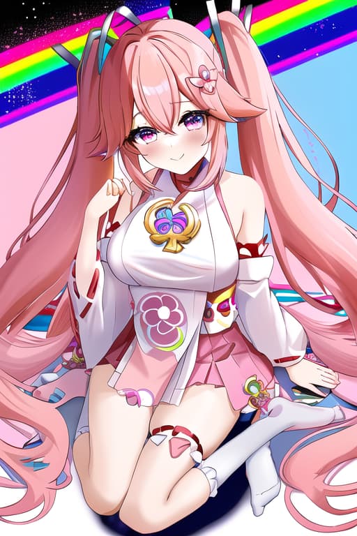  she had an pink twin tail hair and pink eyes and candy and rainbow cored vicaloid she’s a women if she’s called fandom miku she can be anything when you change her to any fandoms she’s made in august 13 and she’s s similar to sakura miku no canon age and fictosexual she had mikus high pitch tuned voice had pink miku long twin tails she likes candy and had heart hair tie on her twin tail and had one rainbow keyboard pupil and a pink eyes and pink miku dress with no sleeves or socks or shoes had rainbow mario stars in her bangs and decorations in her pink heart hair tie and is a rainbow core,(yae miko:1.3), (masterpiece), (highest quality), (intricate), (high detail)