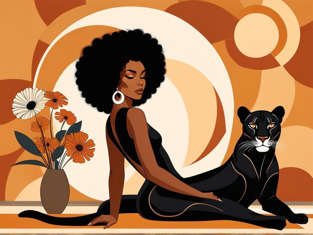  minimalism, a beautiful african woman with brown skin. with an afro. she wears a flowy black outfit. she is resting with a panther. a retro brown 70s flower design is in the background, abstract, simple geometic shapes, hard edges, sleek contours, minimalism