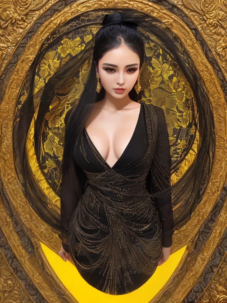  Golden yellow and sleek black color palette, captivating and inviting expression, exuding elegance and charm, magnetic beauty, intricate details, high contrast, luxurious feel, digital art, female, glossy finish, striking composition, dynamic lighting to enhance features.