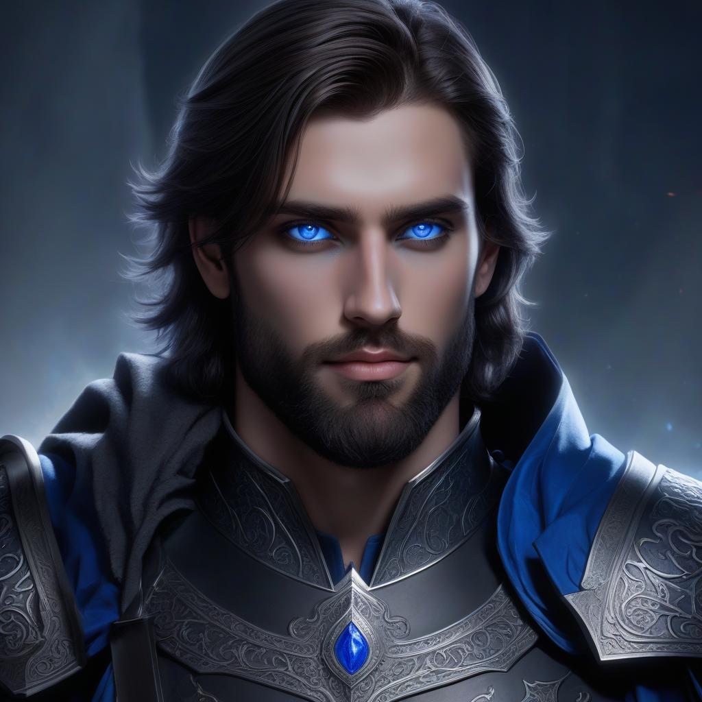  young man, dark paladin with dark brown hair and beard, bright blue eyes with a gray metallic tint