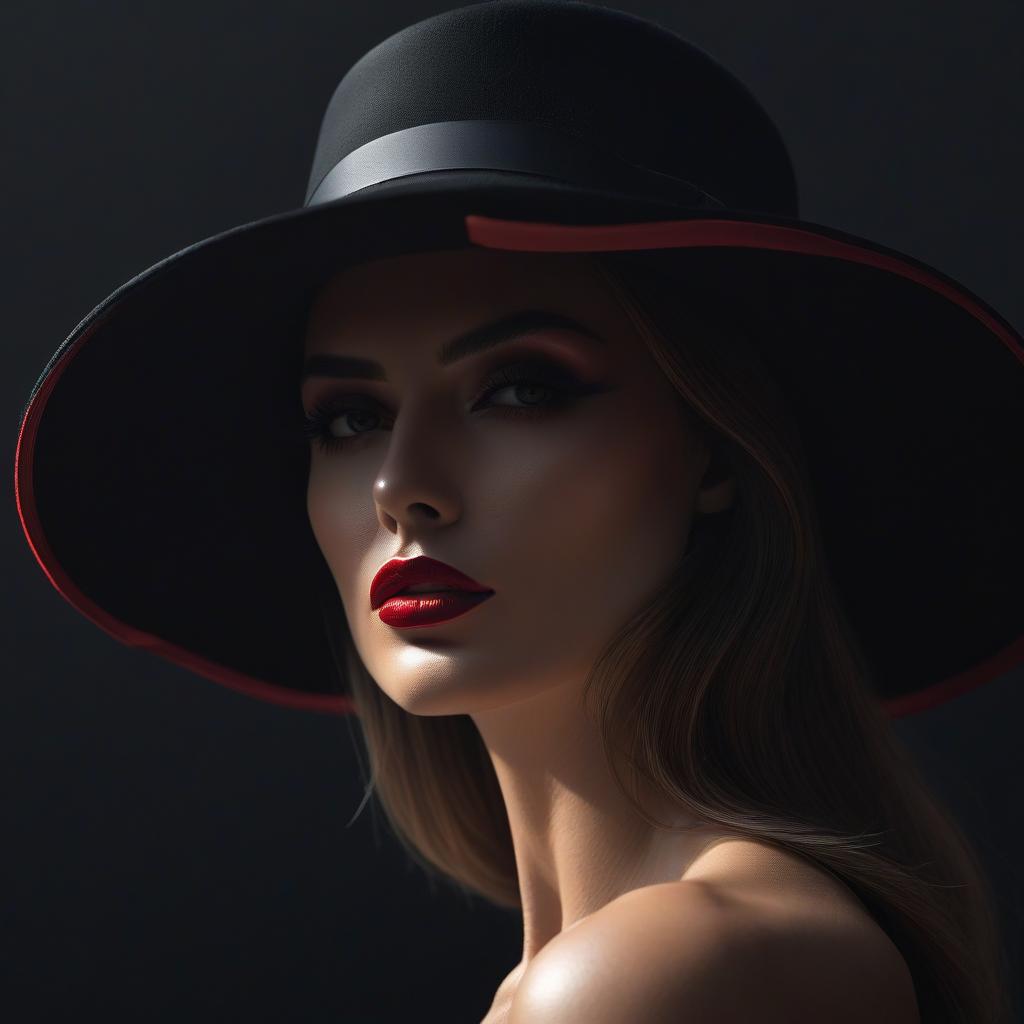  line art drawing close up of a woman in a black hat, on a dark background, vector graphics, author kuno veeber, computer graphics on trend, digital art, laurie earley, beautiful kiss, elegant oil painting, red cloth, blindfolded, parted lips, stunning, 1024 pixel profile photo, glamorous . professional, sleek, modern, minimalist, graphic, line art, vector graphics hyperrealistic, full body, detailed clothing, highly detailed, cinematic lighting, stunningly beautiful, intricate, sharp focus, f/1. 8, 85mm, (centered image composition), (professionally color graded), ((bright soft diffused light)), volumetric fog, trending on instagram, trending on tumblr, HDR 4K, 8K