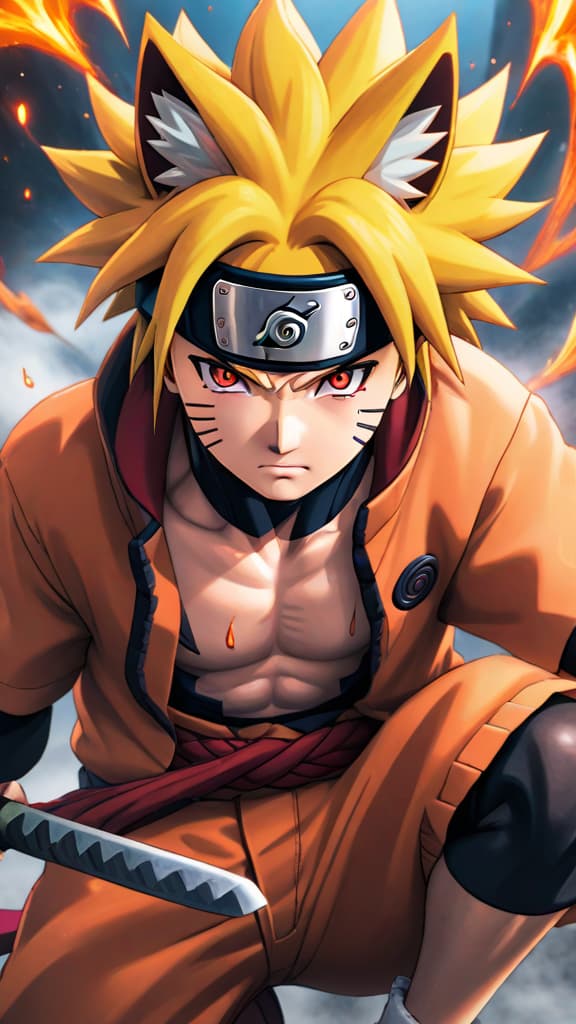  naruto from naruto with sharingan piercing sasuke's defenses as kurama's power surges, anime art hyperrealistic, full body, detailed clothing, highly detailed, cinematic lighting, stunningly beautiful, intricate, sharp focus, f/1. 8, 85mm, (centered image composition), (professionally color graded), ((bright soft diffused light)), volumetric fog, trending on instagram, trending on tumblr, HDR 4K, 8K