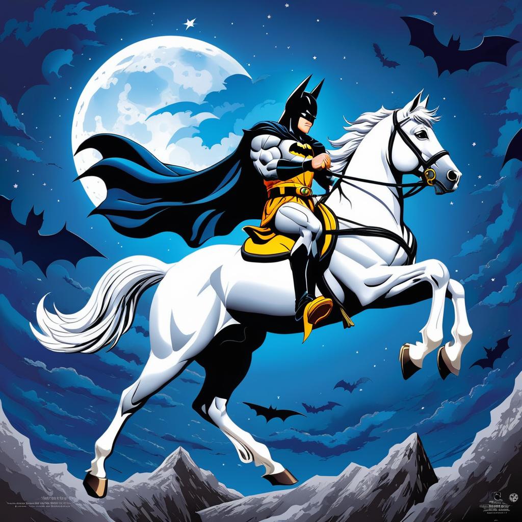  goku with a batman suit on top of a white horse flying over the moon, award winning, professional, highly detailed, masterpiece