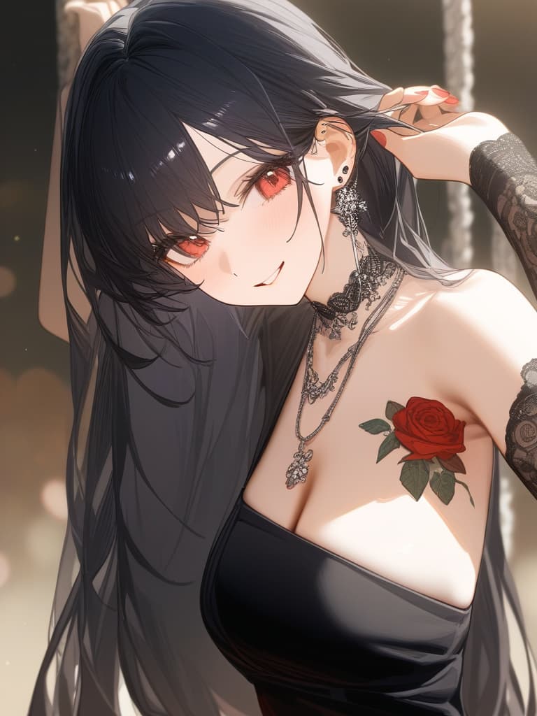  long hair, black hair, hair tips are pink, red eyes, hanging, bangs, and length of bangs, smiles, adults, adult faces, piercings, necklaces, black lace clothes, red rose tattou on arms in contained, thin makeup, rose tattoo on the arm, pink and black hair, masterpiece, best quality,8k,ultra detailed,high resolution,an extremely delicate and beautiful,hyper detail