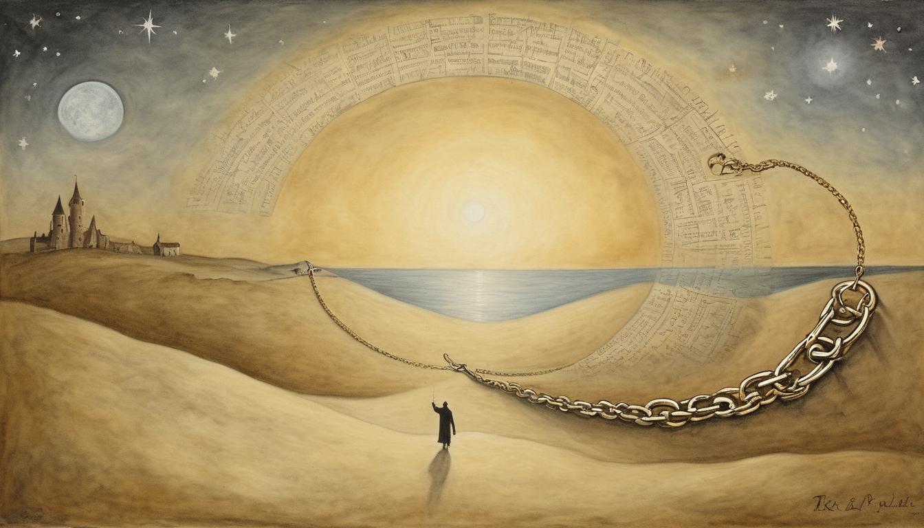  on parchment, surrealism++, a glowing link or chain leading to a star filled horizon, connection, opportunity(mysterious, provocative, symbolic)++