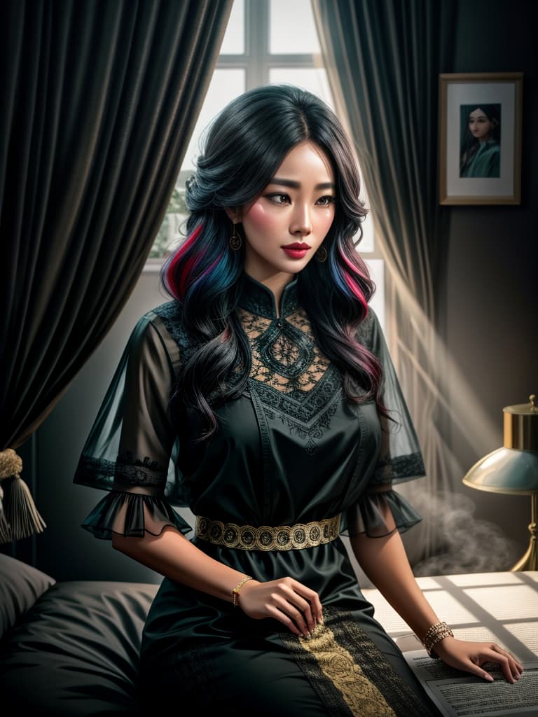  the silhouette of a , a large book in front of her, with a strong attraction that is about to her in. against a black background, a line of text reads' after i wear the book, i am uniquely beautiful in the book ', while another row reads' written by yi you' hyperrealistic, full body, detailed clothing, highly detailed, cinematic lighting, stunningly beautiful, intricate, sharp focus, f/1. 8, 85mm, (centered image composition), (professionally color graded), ((bright soft diffused light)), volumetric fog, trending on instagram, trending on tumblr, HDR 4K, 8K