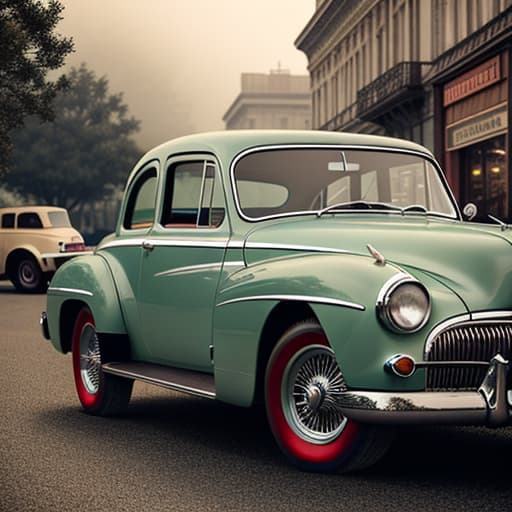  A vintage car park on road near cafe shop hyperrealistic, full body, detailed clothing, highly detailed, cinematic lighting, stunningly beautiful, intricate, sharp focus, f/1. 8, 85mm, (centered image composition), (professionally color graded), ((bright soft diffused light)), volumetric fog, trending on instagram, trending on tumblr, HDR 4K, 8K