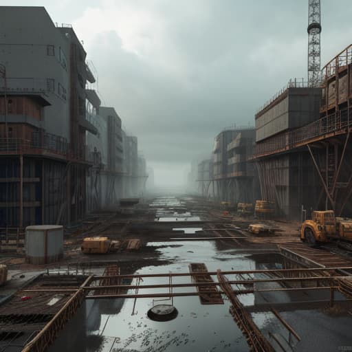  a construction site for water supply and sewage systems (construction:1.3), featuring workers installing pipes amidst heavy machinery and blueprints scattered on the ground, in a realistic and dynamic digital painting style (digital:1.2), showcasing earthy tones with bright highlights and natural daylight filtering through clouds, highly detailed, 4k resolution, emphasizing teamwork and engineering (engineering:1.4), negative prompt: urban decay, abandoned site, night setting. soviet poster style hyperrealistic, full body, detailed clothing, highly detailed, cinematic lighting, stunningly beautiful, intricate, sharp focus, f/1. 8, 85mm, (centered image composition), (professionally color graded), ((bright soft diffused light)), volumetric fog, trending on instagram, trending on tumblr, HDR 4K, 8K