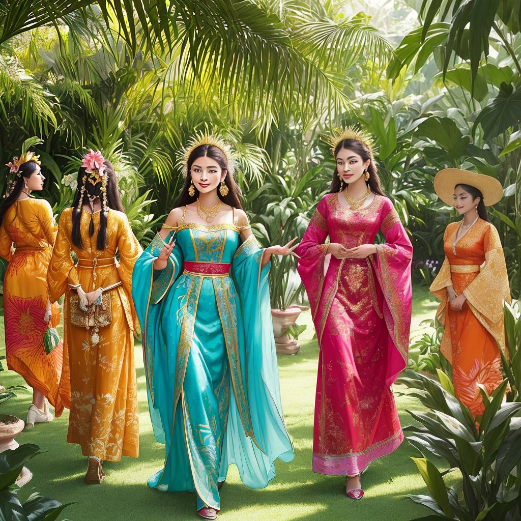  masterpiece, best quality, A group of exotic women dressed in vibrant traditional clothing, striking elegant poses in a lush tropical garden filled with colorful flowers and exotic plants. The sun is setting in the background, casting a warm golden light over the scene, creating a dreamy and enchanting atmosphere. The style is a mix of modern and vintage, with a focus on capturing the rich colors and intricate details of the women's attire. Realization: Kodak Portra 400.