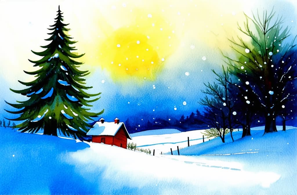  artwork delicate watercolor christmas card, winter landscape with a fir tree and a village house, minimalism, light snow falling, the sun is shining, no words ar 3:2, watercolor techniques, featuring fluid colors, subtle gradients, transparency associated with watercolor art