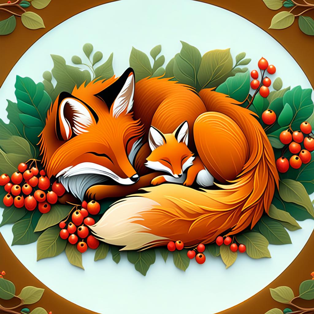  dreamscape (frame):gold round frame decorated with fancy oak leaves and rowan berries. (picture). animalism in fantasy style: little fox sleeping in the arms of big mum fox. appearance of a fox:sweetly sleeping curled up in a ball. (colours):orange, red, white, beige, gold, all shades of green, brown, brown gold. (style):animalism, fantasy, fairy tale, tenderness, kindness, calmness, cartoon . surreal, ethereal, dreamy, mysterious, fantasy, highly detailed, civitai, hkmagic hyperrealistic, full body, detailed clothing, highly detailed, cinematic lighting, stunningly beautiful, intricate, sharp focus, f/1. 8, 85mm, (centered image composition), (professionally color graded), ((bright soft diffused light)), volumetric fog, trending on instagram, trending on tumblr, HDR 4K, 8K