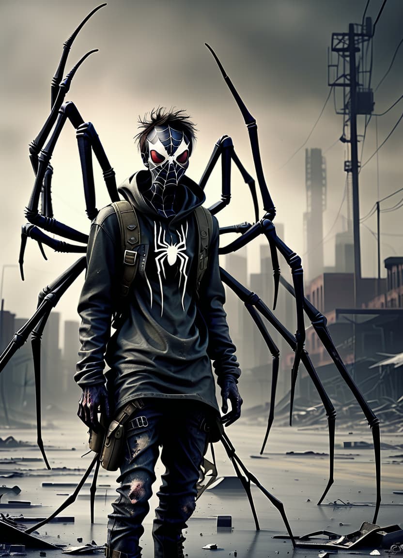  dystopian style make him a spider body instead of his legs . bleak, post apocalyptic, somber, dramatic, highly detailed