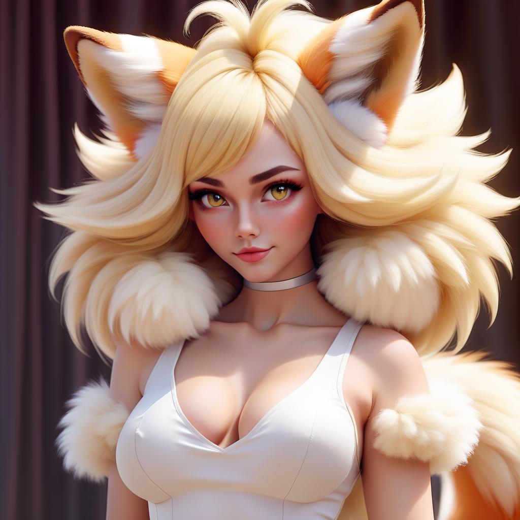  short stature, blonde goddess fox, very huge , very huge , big fluffy ears, and a giant fluffy tail, haircut kare, and fluffy fur on the 