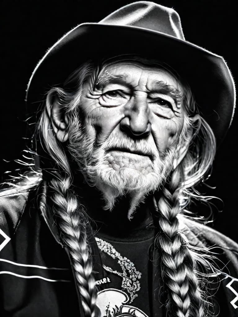  Singer Willie Nelson, medium shot, upper body, spotlight, long exposure lighting, street art style spray paint, glamour lighting