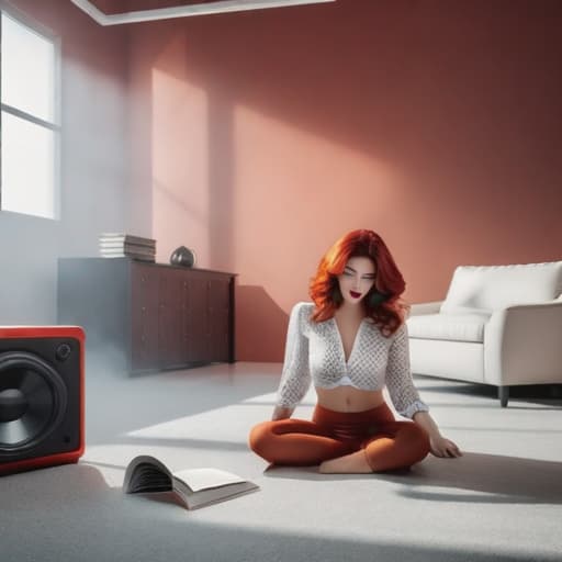  red hair woman laying on the floor in the 1970’s in her undies and shirt, reading a book. vinyl records scattered on the floor around her and one vinyl on the record player spinning. disco ball near by. hyperrealistic, full body, detailed clothing, highly detailed, cinematic lighting, stunningly beautiful, intricate, sharp focus, f/1. 8, 85mm, (centered image composition), (professionally color graded), ((bright soft diffused light)), volumetric fog, trending on instagram, trending on tumblr, HDR 4K, 8K