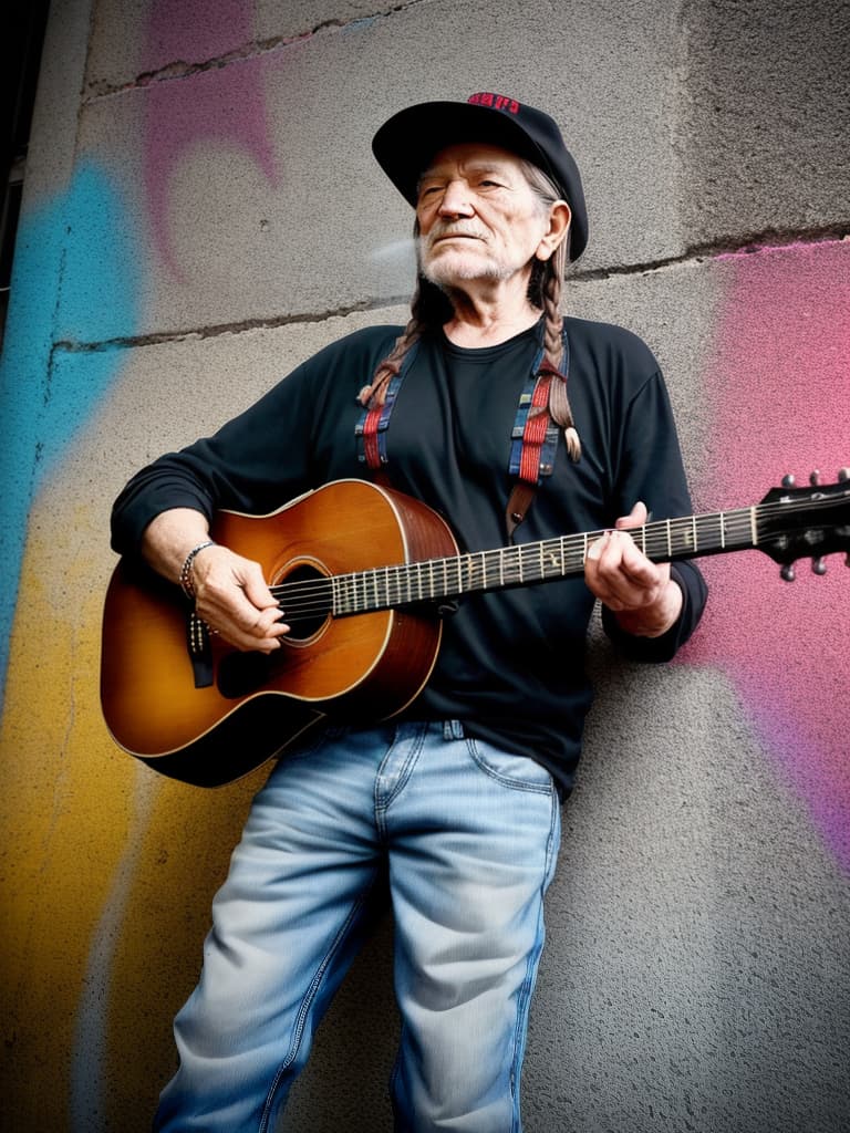  Singer Willie Nelson, medium shot, upper body, spotlight, long exposure lighting, street art style spray paint, glamour lighting