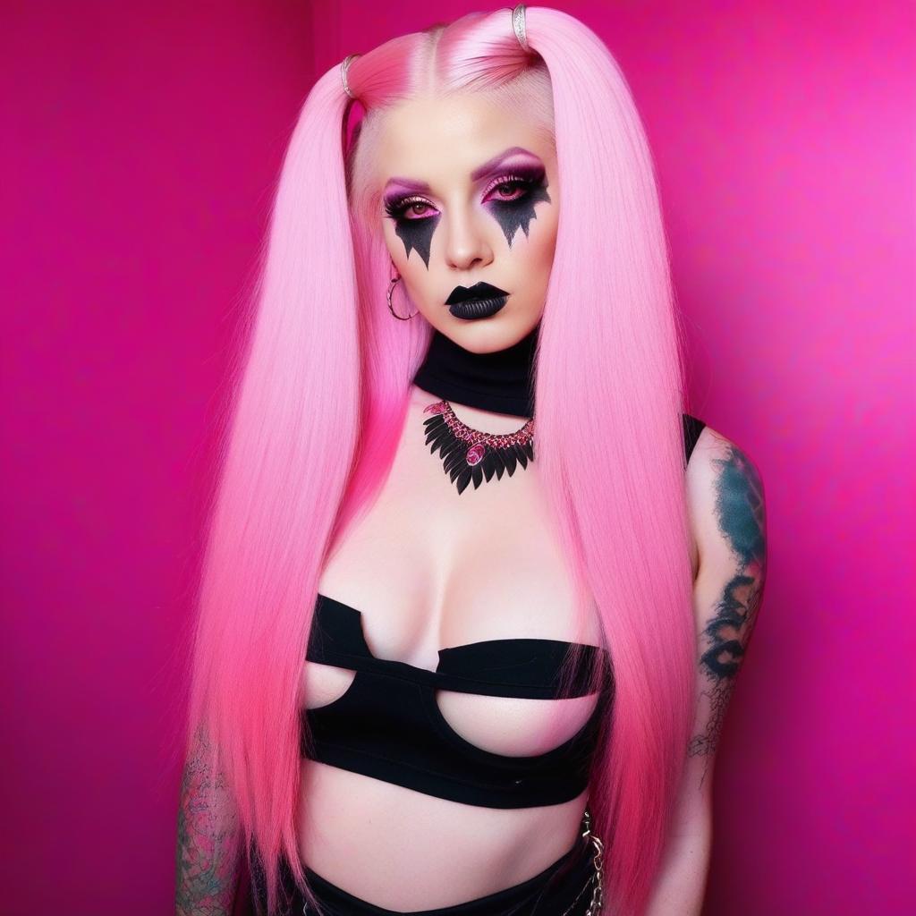  4 age women,full body shot ,full body portrait horrifying scary pale long pink hair ,full white eyes, black lips, black dripping eyeshadow tattoos,in pink cotton with pink trim