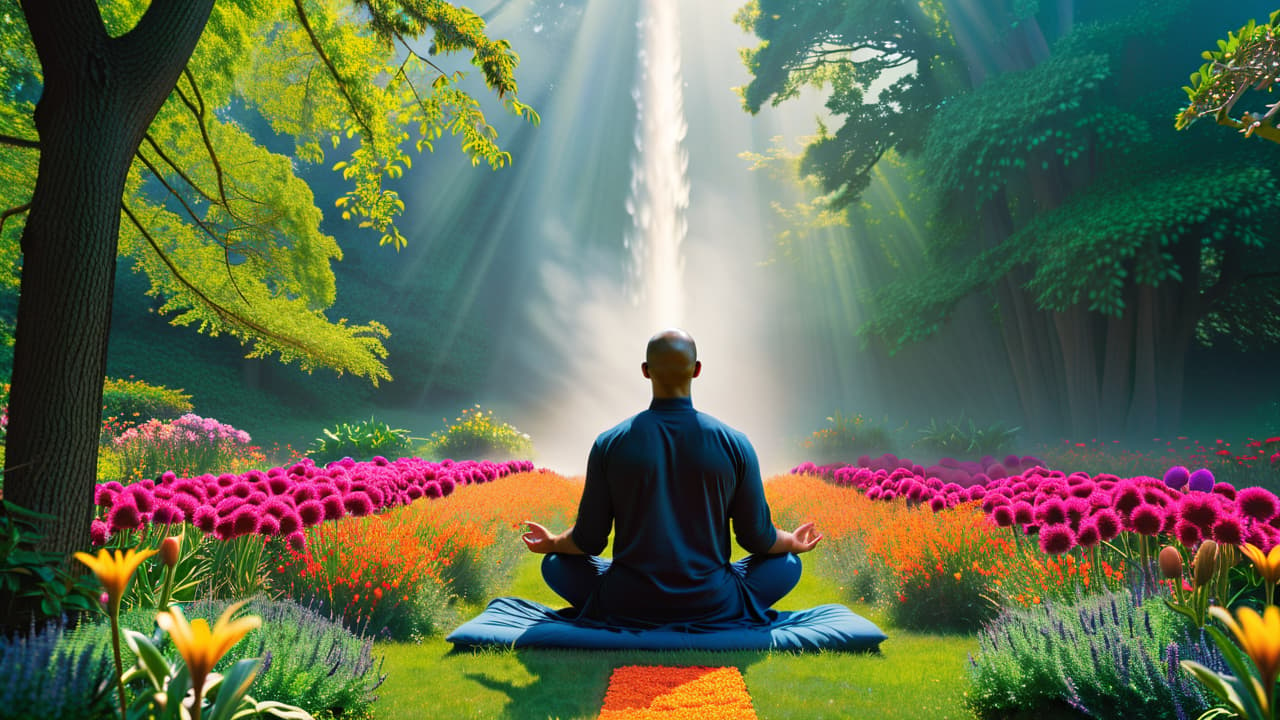  a serene landscape featuring a person meditating in a lush garden, surrounded by vibrant flowers and trees, with elements symbolizing mind, body, and spirit, like crystals, herbs, and water flowing gently. hyperrealistic, full body, detailed clothing, highly detailed, cinematic lighting, stunningly beautiful, intricate, sharp focus, f/1. 8, 85mm, (centered image composition), (professionally color graded), ((bright soft diffused light)), volumetric fog, trending on instagram, trending on tumblr, HDR 4K, 8K