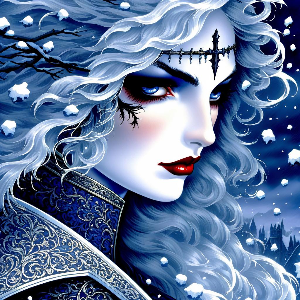  gothic style ((i am the dream of the sword, the parting flame, the food of crows. and you shall dance with me henceforth, the king's youngest son)). (winter sun). incredibly beautiful, ((blue white, as if moulded from snow)) . (her scarlet lips quivered, her coal lashes fluttered) , her fingers reached for (a string of pearl beads) . (style):fantasy, fairy tale, scottish legends, high quality, close up, (icy, wind, blizzard) . dark, mysterious, haunting, dramatic, ornate, detailed