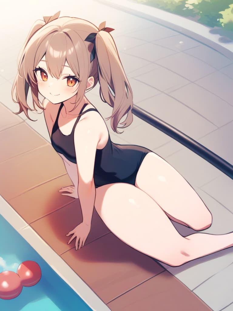  s, twin tails, cute smiles, swimwear, men (), (), (swelling), poolside, whole body,