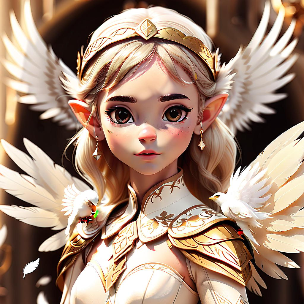  perfect world, elf, plumage on the head, white wings, girl, beige tones, gold, sticker, sticker