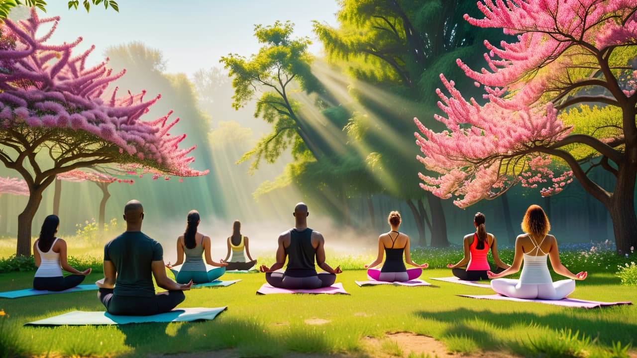  a serene scene featuring a diverse group of people practicing yoga in a lush green park, surrounded by blooming flowers, soft sunlight filtering through trees, and an array of wellness elements like crystals, essential oils, and healthy fruits. hyperrealistic, full body, detailed clothing, highly detailed, cinematic lighting, stunningly beautiful, intricate, sharp focus, f/1. 8, 85mm, (centered image composition), (professionally color graded), ((bright soft diffused light)), volumetric fog, trending on instagram, trending on tumblr, HDR 4K, 8K