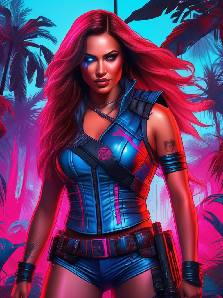  Futuristic female bounty hunter, red flowing, long hair, dressed in skin tight shorts and a sleeveless, leather flack vest; standing in a Columbian jungle outside a large villa...realistic neon pink and bright neon blue, with lots of blood dripping off face, grinning.