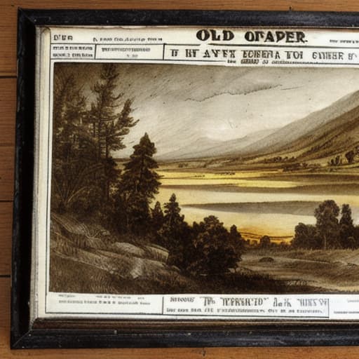  Old newspaper roll with landscape scene