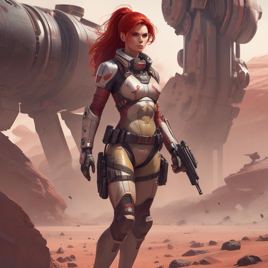  draw a full length female character, athletic build, red hair, the character lives on a distant colonized planet, specialization mercenary