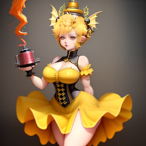  short stature, goddess dragon, with a pumped press, big s, big , yellow short hair, hairstyle kare, in a thic dress