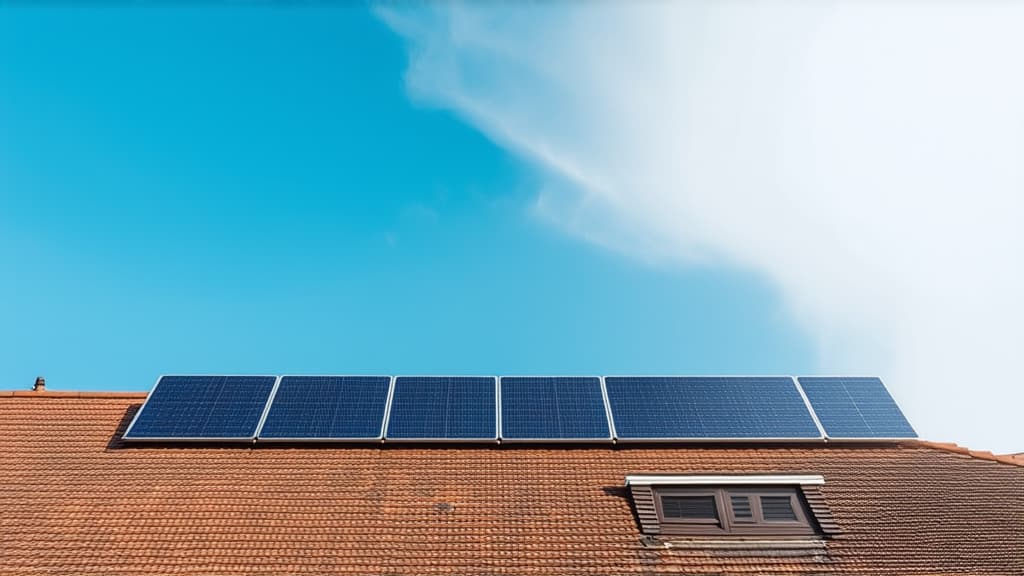  professional detailed photography, solar panels on the roof of the house, close up, clouds, blue sky, sun rays ar 16:9, (muted colors, dim colors, soothing tones), (vsco:0.3)