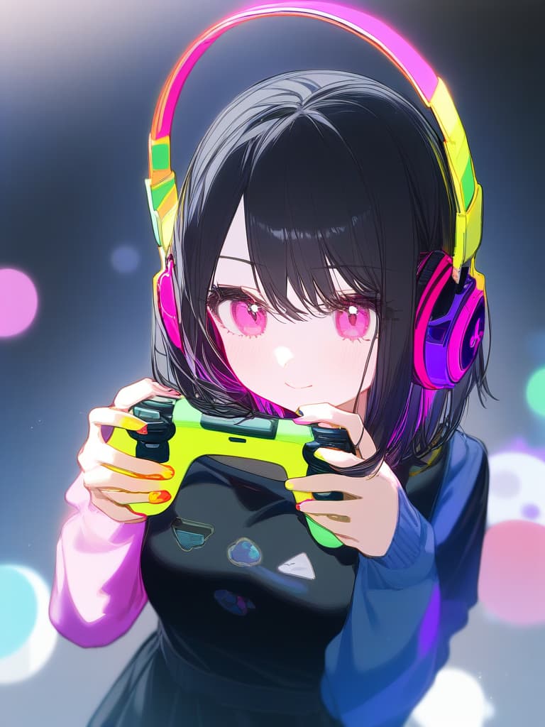  ,(1girl:1.5)((beautiful girl 2.0))(black hair:2.0)((bob hair:2.0))( headphones🎧:2.0)(holding game controller🎮:2.0)( neon color:2.0)high quality,16k,cute face,pink eyes