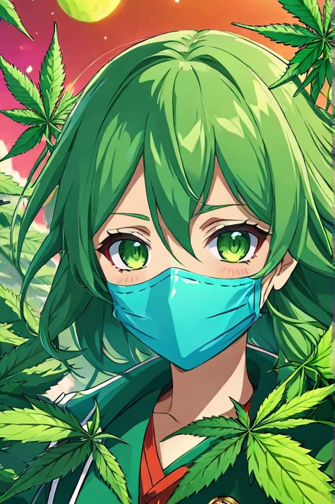  special candies in the form of green colored cannabis. colors attract the eye, (anime:1.2), hq, hightly detailed, 4k