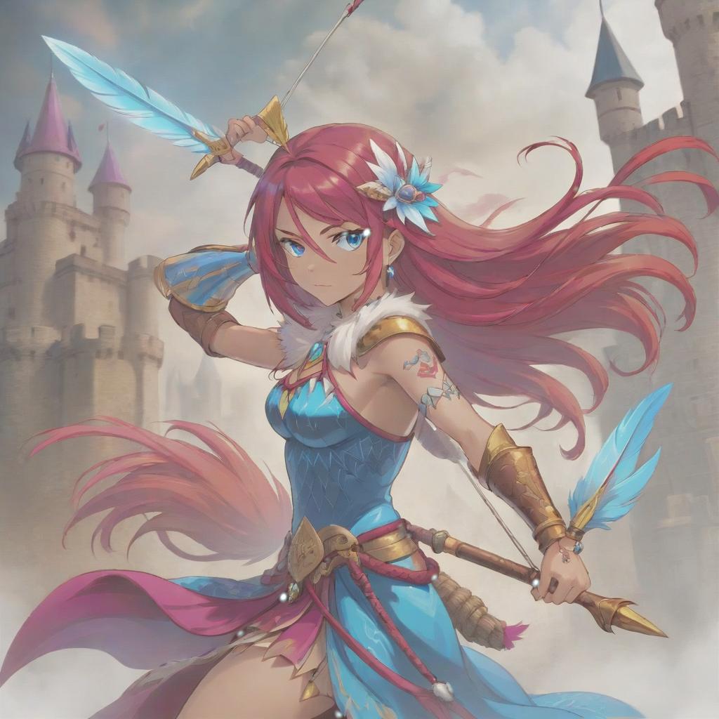  long exposure photo of portrait of strong rage amazonas queen archer. blue eye. long red hair. tilting head down, magenta mantle, shoulder pad feather, accessory necklace with pearls on the forehead, against the background of the castle siege . blurred motion, streaks of light, surreal, dreamy, ghosting effect, highly detailed, sticker, hkmagic