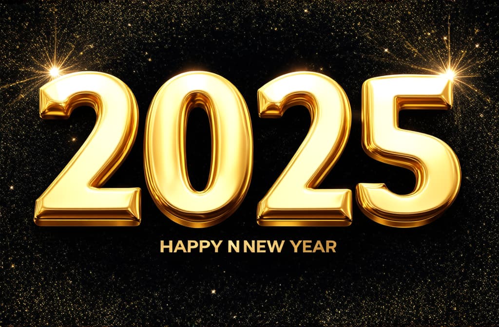  happy new year 2025 golden numbers on celebration background complete with luxurious lighting happy new year concept, christmas, celebration season. ar 3:2 {prompt}, maximum details