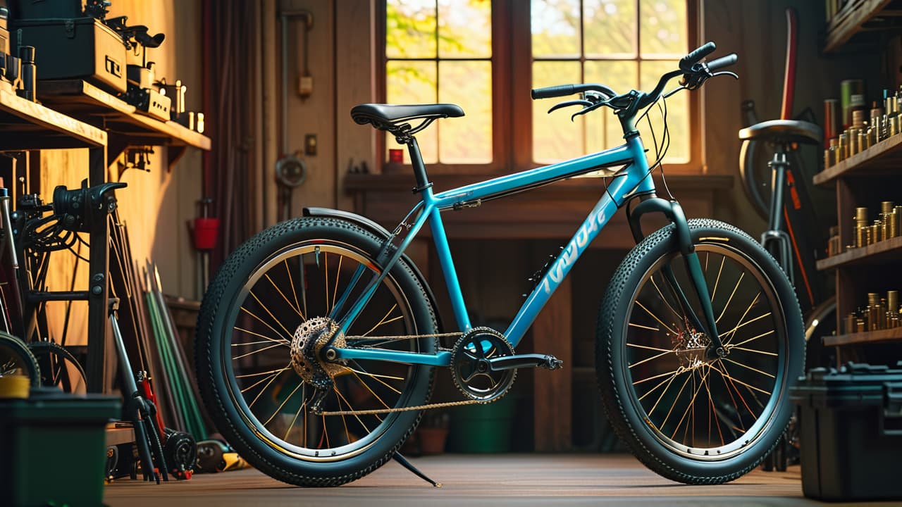  a close up of a well maintained bicycle in a workshop, showcasing shiny gears, clean tires, and polished frame, surrounded by tools like wrenches and brushes, with soft sunlight filtering through a window. hyperrealistic, full body, detailed clothing, highly detailed, cinematic lighting, stunningly beautiful, intricate, sharp focus, f/1. 8, 85mm, (centered image composition), (professionally color graded), ((bright soft diffused light)), volumetric fog, trending on instagram, trending on tumblr, HDR 4K, 8K