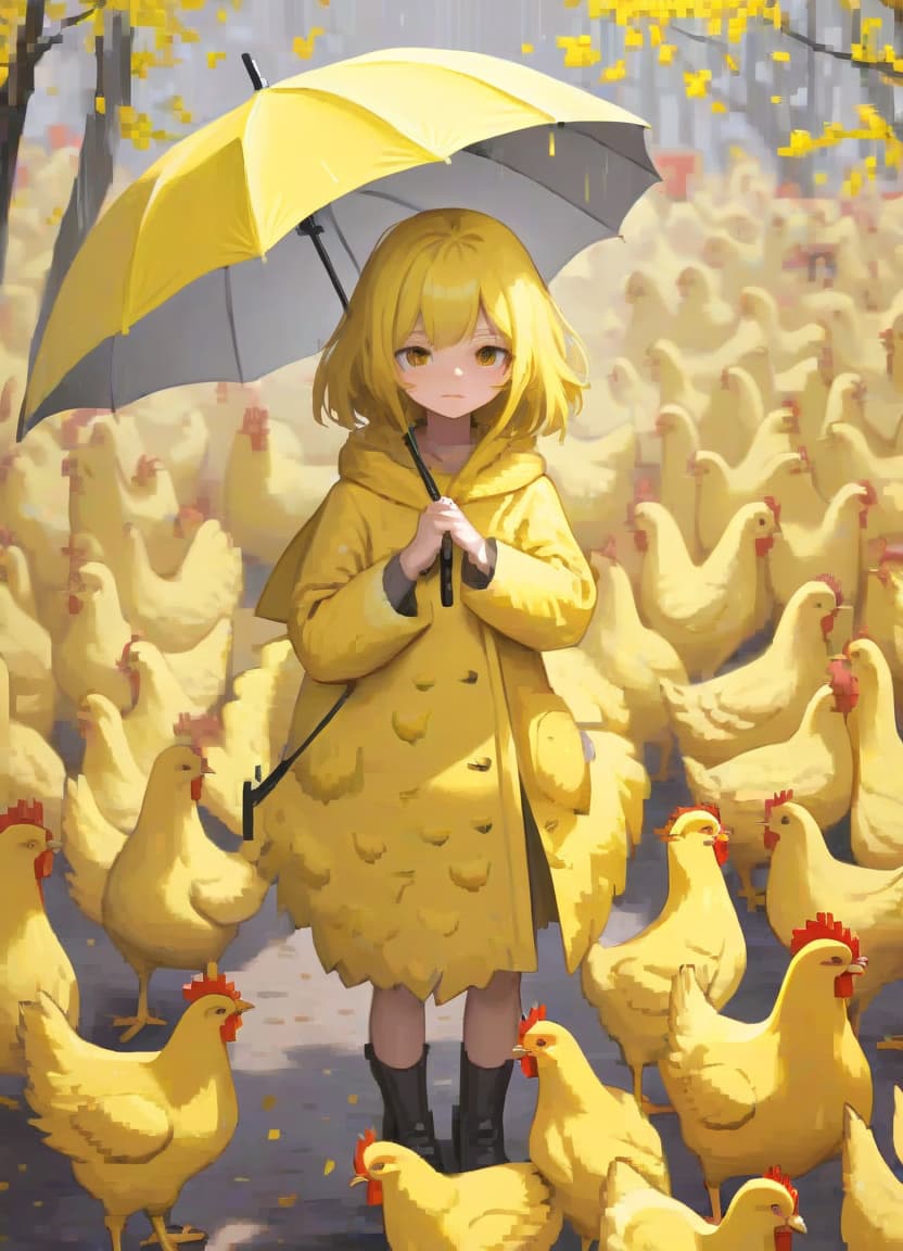  the girl covered with an umbrella of yellow chickens