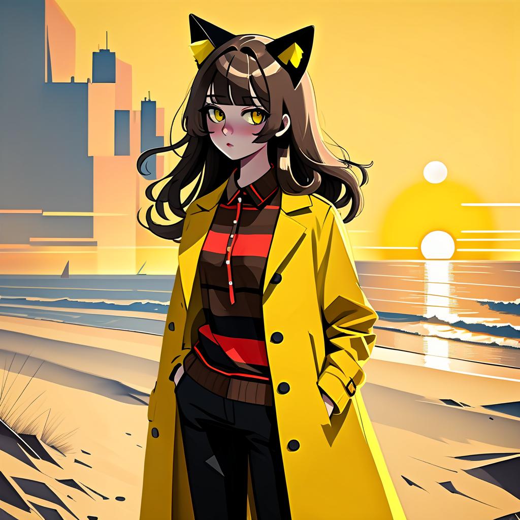  constructivist style the girl is standing on the beach. she has long dark brown hair that gently falls on her shoulders, from cat ears, and his face, with jewish and slavic features, exudes calmness with brown eyes. she is dressed in a bright yellow coat that immediately attracts attention and contrasts with the surrounding landscape. under the coat is a black shirt, and black pants are additionally decorated with yellow elements, creating a harmonious and stylish image. the sun sets over the horizon, shrouding everything around in red shades, and bright red stripes lie on the surroundings contrasting with the darkness and creating a magical atmosphere. . geometric shapes, bold colors, dynamic composition, propaganda art style