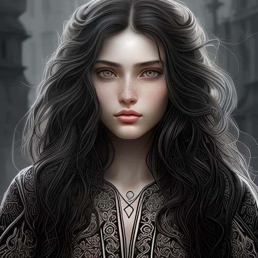  russian beautiful girl of 30 years with black wavy hair black eyes, sharp facial features in the style of digital drawing, (intricate details:1.12), hdr, (intricate details, hyperdetailed:1.15)