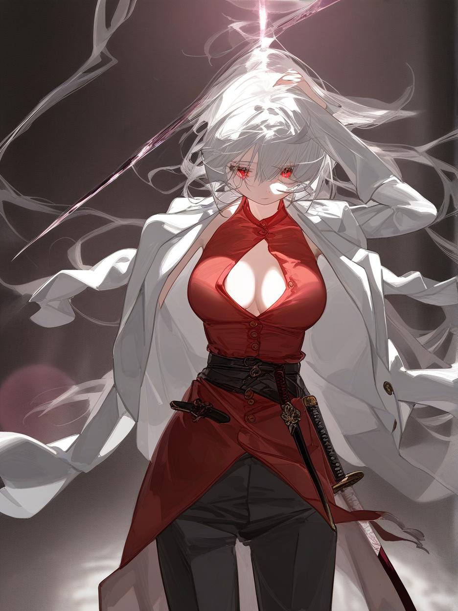  create for me a character with anime manga art. a woman with long, frayed silver hair, which even covers her face. she has deep, lifeless red eyes resembling wine. she wears dark dress pants. a red dress shirt with buttons on its front seam, two thin belts under its bust. a light gray lab coat on the shoulders. she walks around with two katanas around her waist. . best quality, high resolution